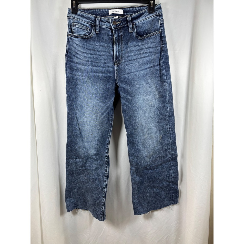 Zenana Womens High Rise Wide Leg Acid‎ Wash Raw Hem Denim Jeans Size 29 Blue